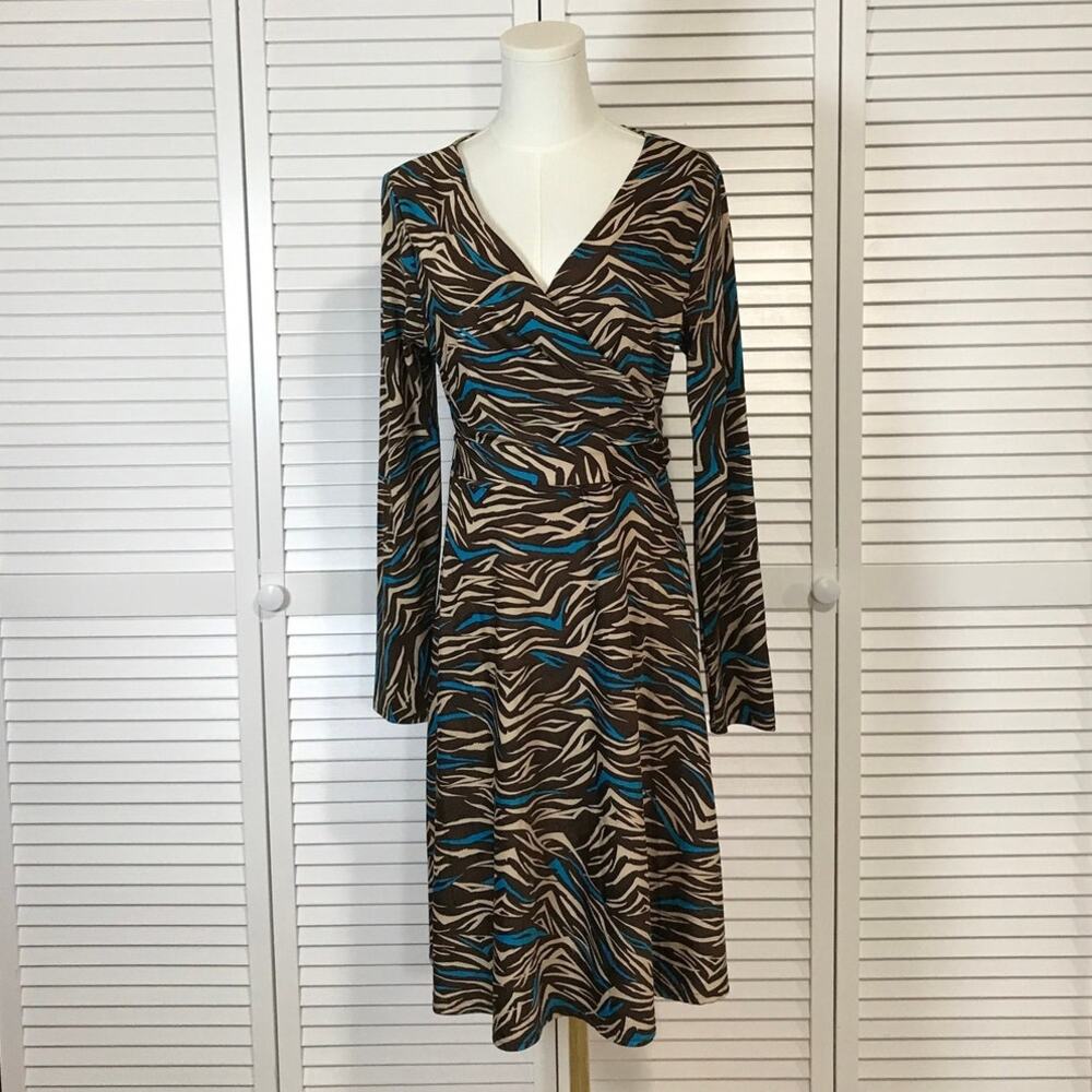 Allison Brittney Turquoise Retro Y2K Zebra Print  Faux Wrap A-Line Dress L